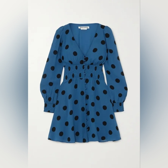 Reformation Shirred Polka-Dot Georgette Mini Dress Size 2 - Picture 5 of 9